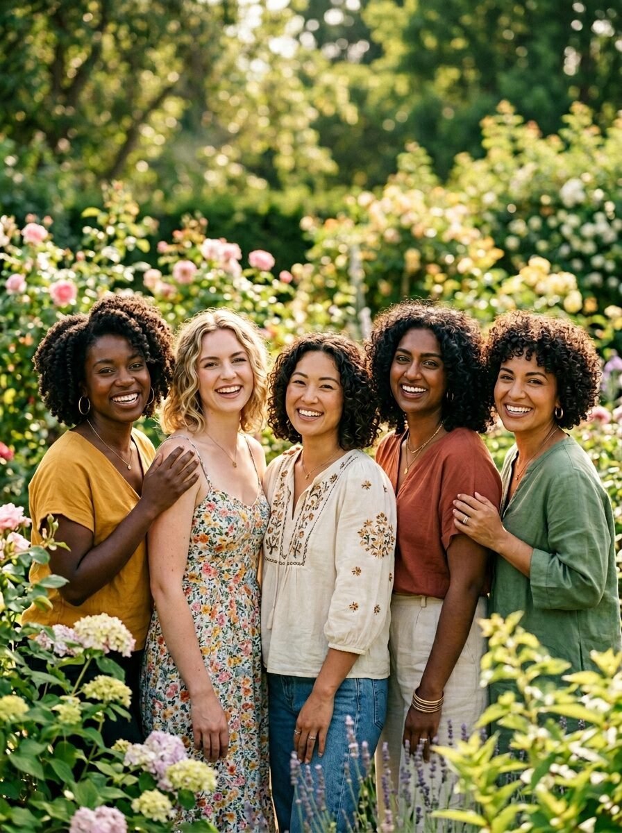 A group of five women of different ethnicities smiling and standing side-by-side in a sunlit flower garden.