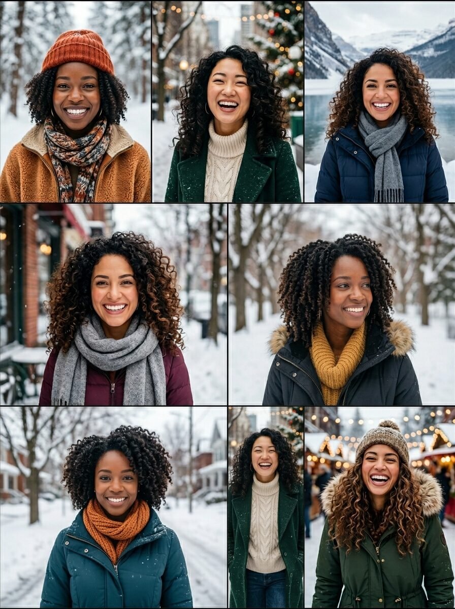 Collection of portraits featuring diverse women smiling in cold weather clothing against snowy backdrops.