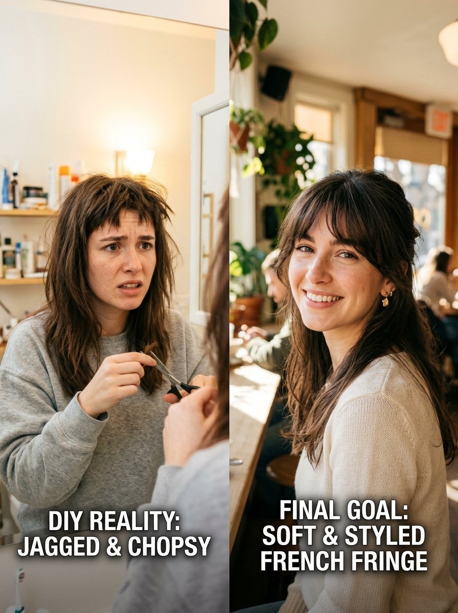 Before and after comparison of a jagged DIY bang trim versus a perfectly styled soft French fringe haircut.