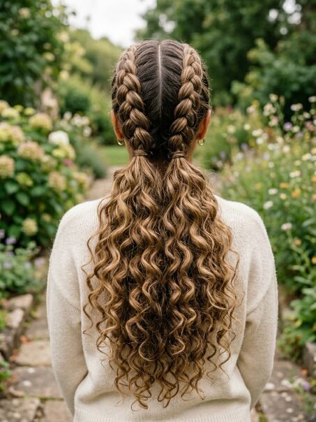 A person seen from behind wearing two tight braids leading into loose curly hair in a garden setting.