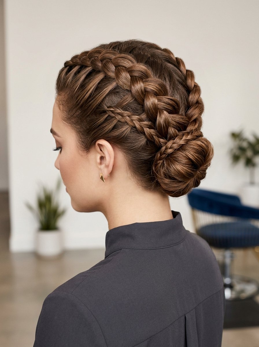 Side view of a woman with brunette hair styled in two Dutch braids gathered into a low chignon bun.