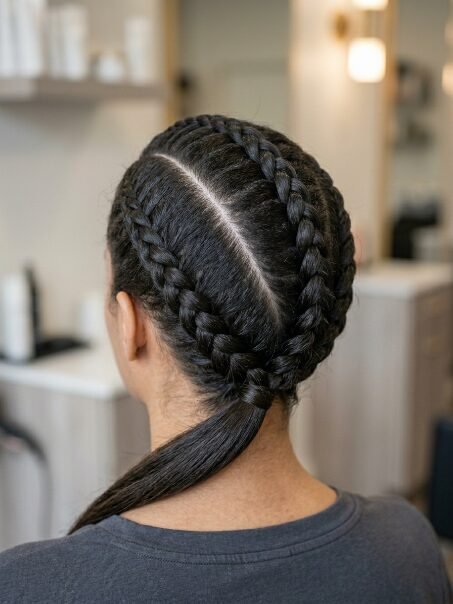 Close-up back view of a woman with dark hair styled into two dutch braids leading into a low ponytail.