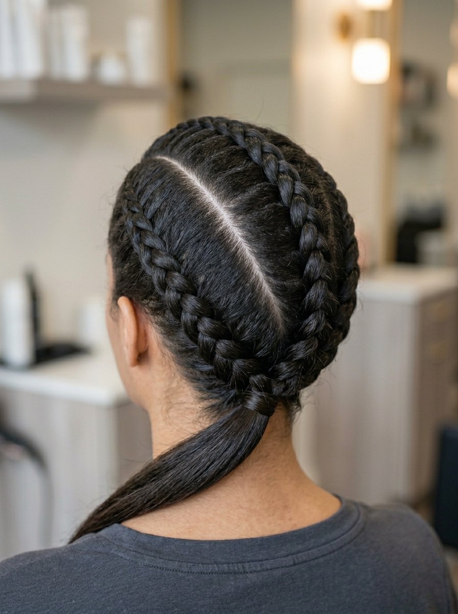 Back view of a person with straight black hair styled into two tight Dutch braids that meet at a low ponytail.