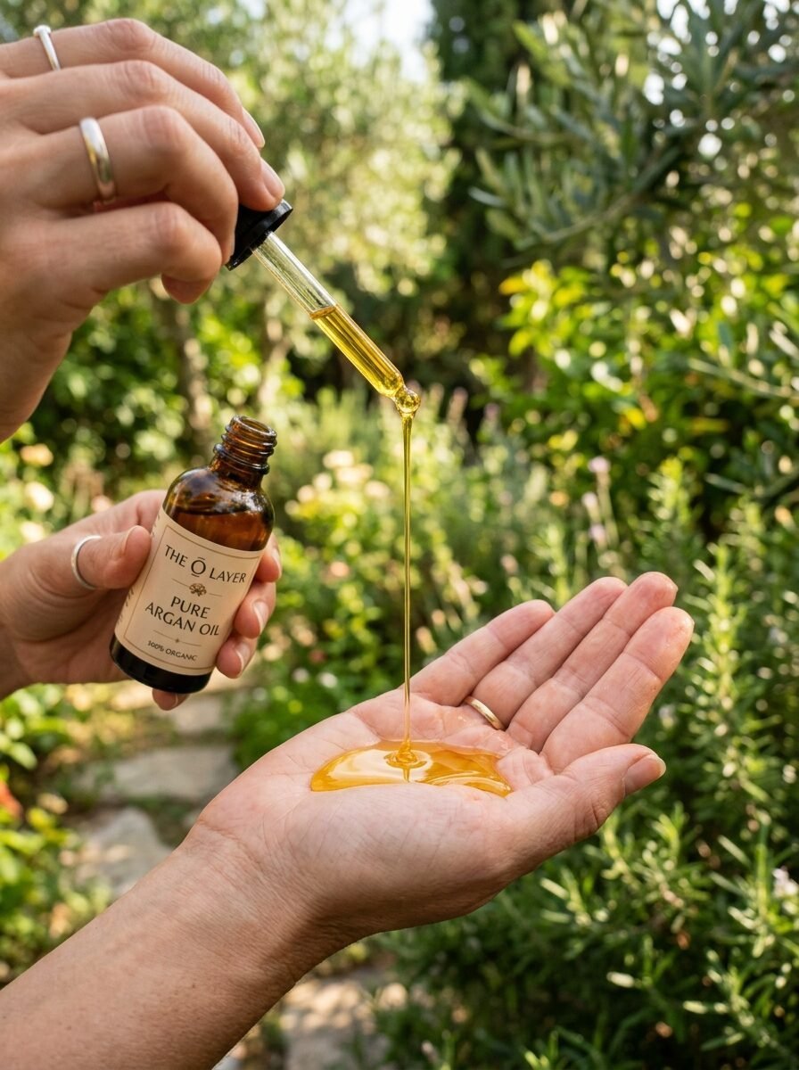 A person dripping pure organic argan oil from a brown glass dropper bottle into their open palm outdoors.