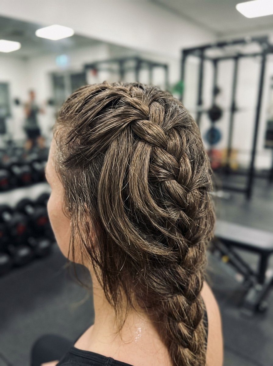Close-up back view of a woman with a braided hairstyle in a fitness center.