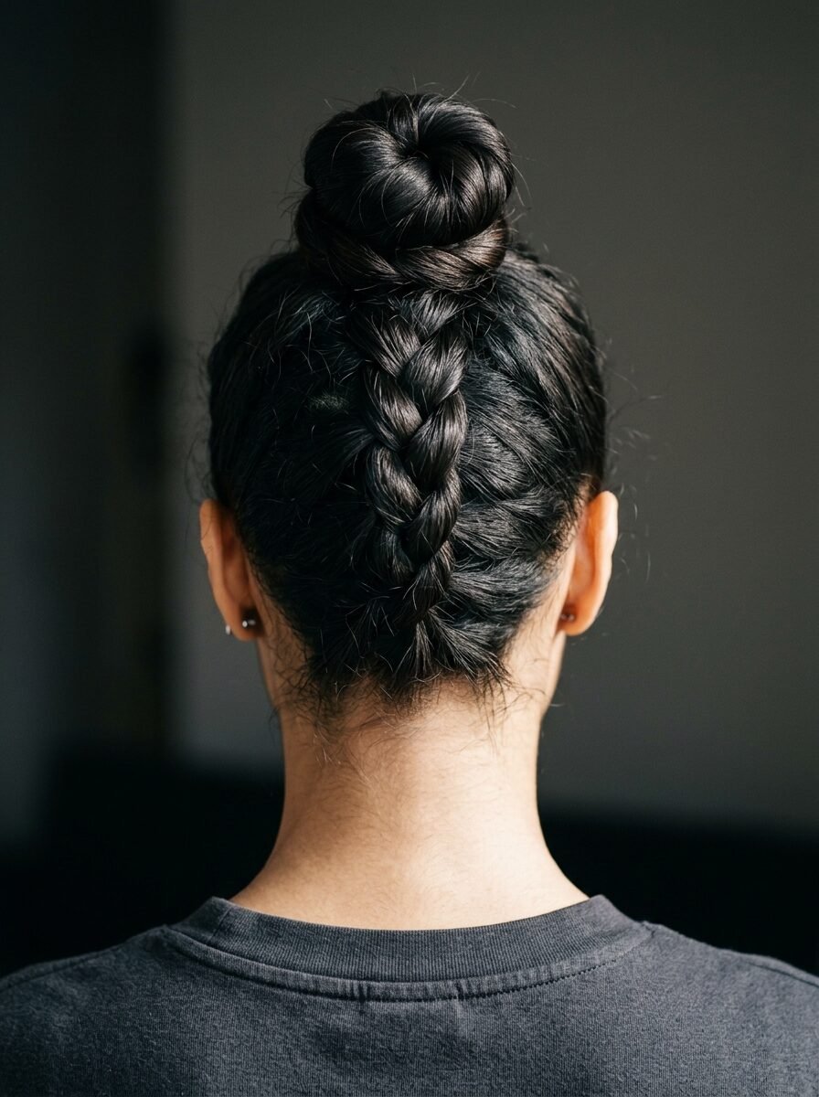 Close up rear view of dark hair styled in an upwards dutch braid ending in a tight circular bun.