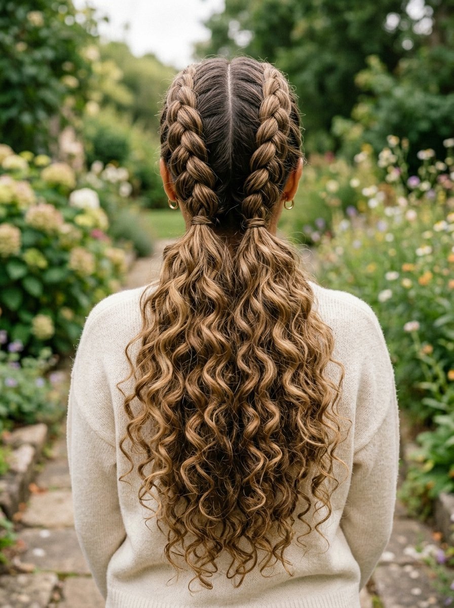 Rear view of a woman wearing a cream sweater with her hair in two thick french braids leading into long curly pigtails.