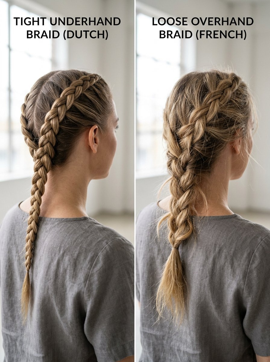 Side by side back view of a woman showing a neat Dutch braid and a relaxed, messy French style braid.