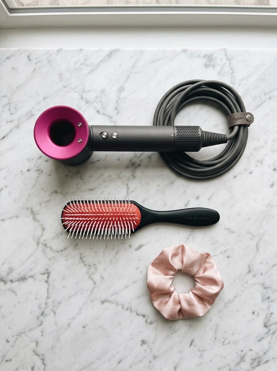 Flat lay of a fuchsia and grey hair dryer, a black detangling brush, and a soft pale pink fabric hair tie.