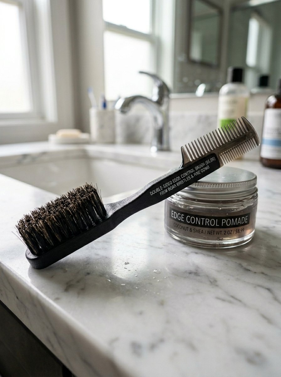 A double-sided edge control brush leaning against a small glass jar of coconut and shea hair pomade on a marble counter.