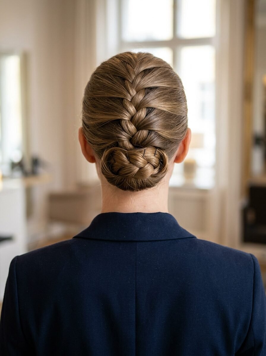 Back view of a woman with light brown hair styled in a French braid that finishes in a clean bun.