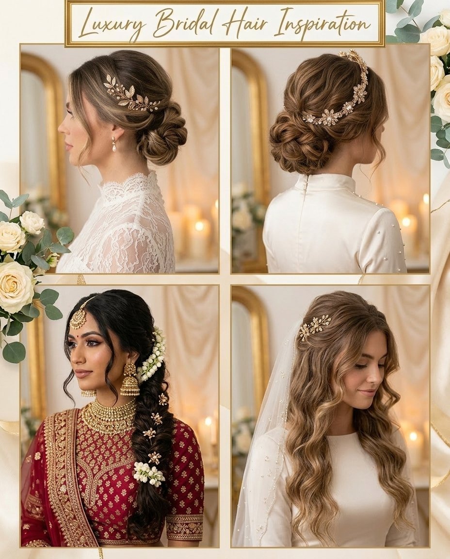 Four bridal hair styles featuring intricate updos, a floral side braid, and long wavy hair with a veil.