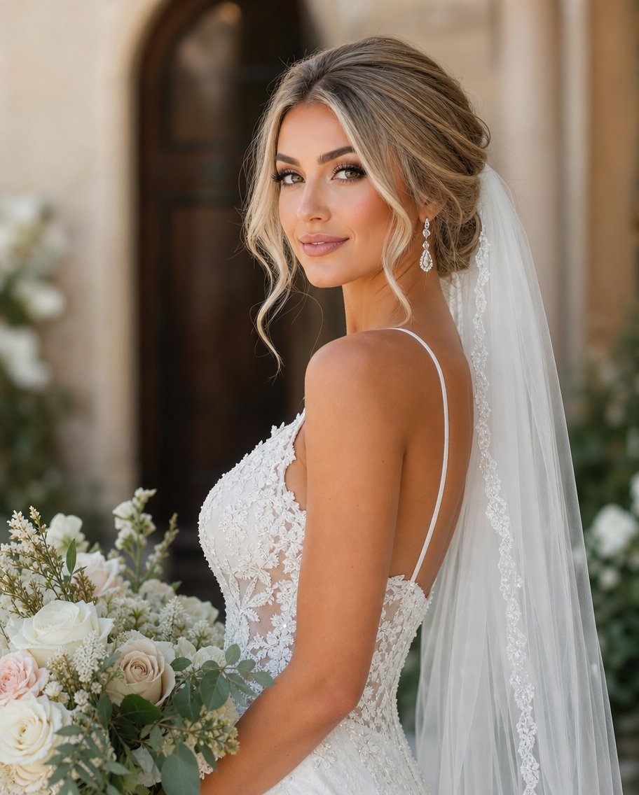 Close up of a smiling bride wearing a white lace bridal dress and a long veil holding a bouquet of roses.