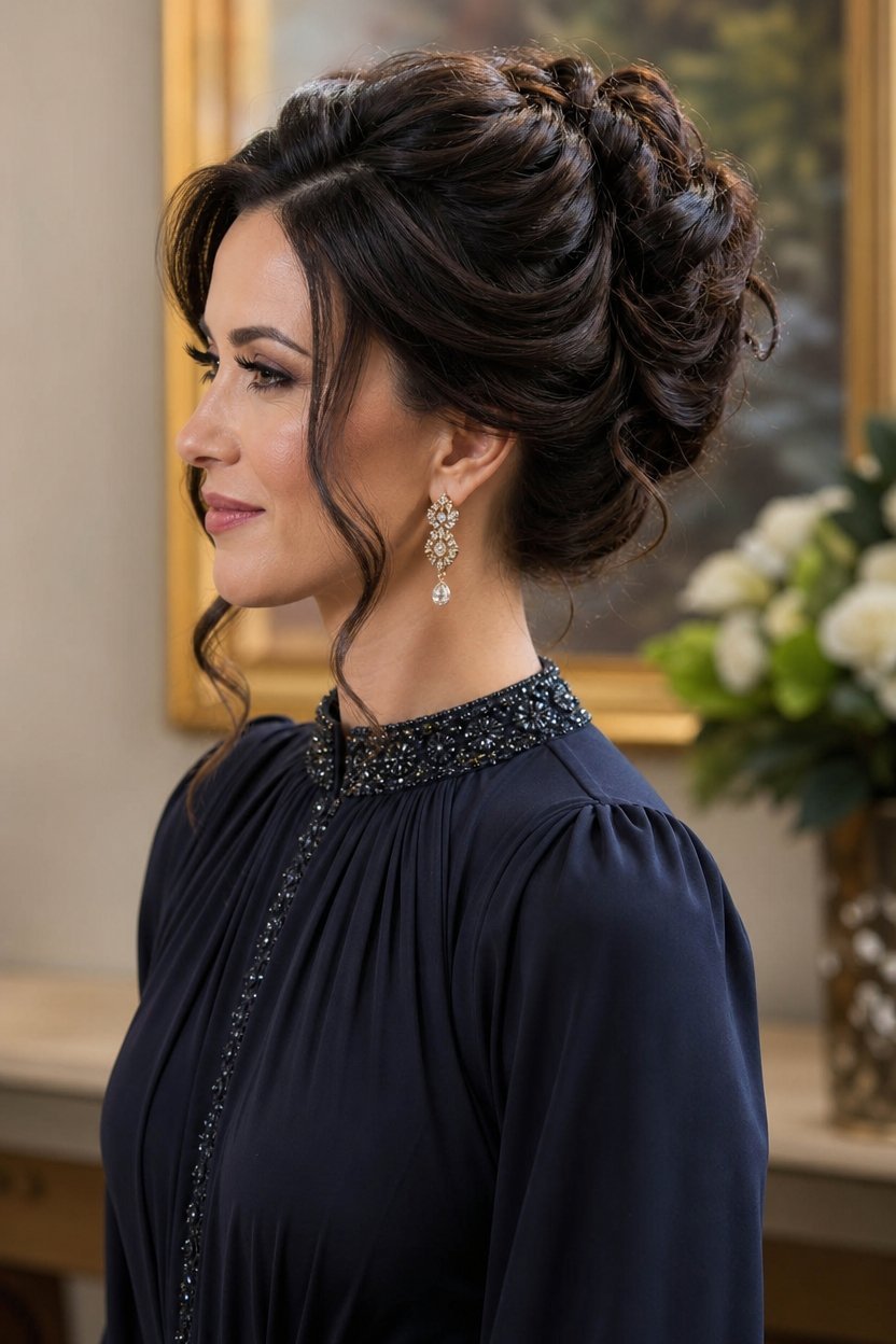 Side profile of a woman with dark hair in an intricate updo wearing ornate drop earrings and a navy blue beaded gown.