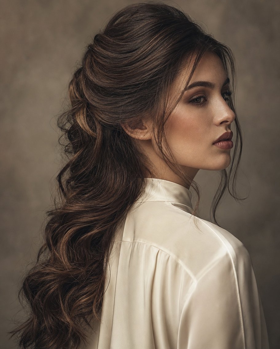Close-up side view of a young woman with brown hair in a styled half-updo wearing a cream silk blouse.