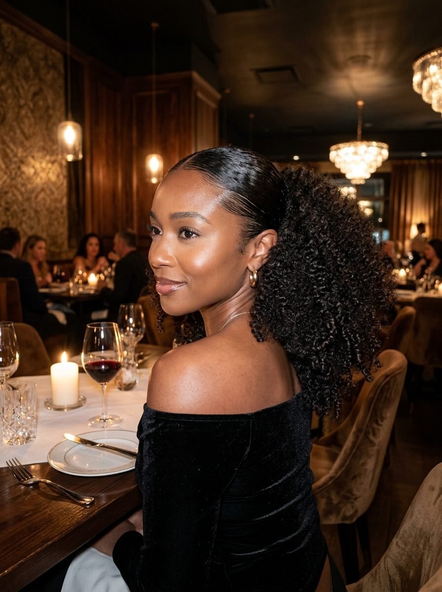 Portrait of a woman wearing a black velvet off-shoulder dress at a candlelit table in a restaurant.