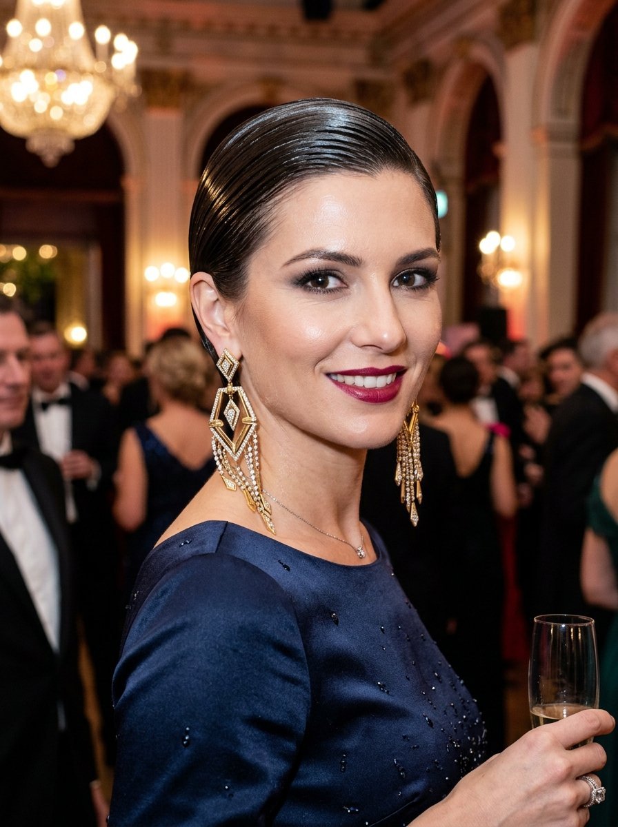 Close-up of a smiling woman with slicked-back hair wearing sparkling gold drop earrings at a gala.