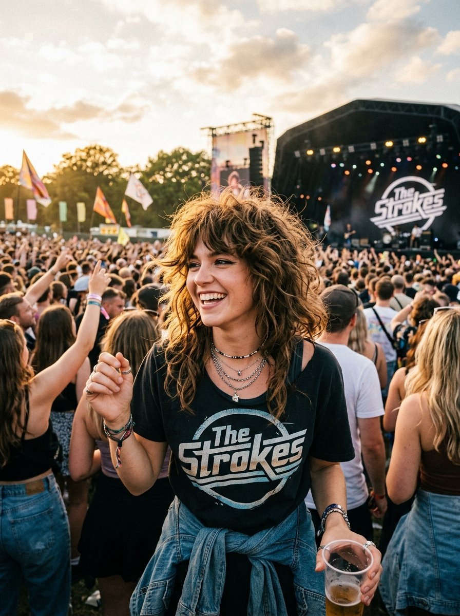 Young woman with curly hair and a band t-shirt smiling in a crowded music festival field at sunset.