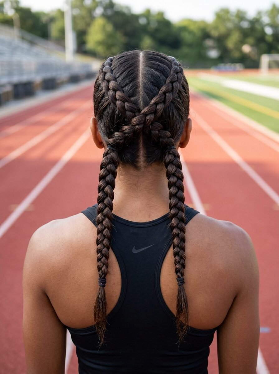 Back view of a female runner wearing a black tank top with her hair styled in two crossed braids.