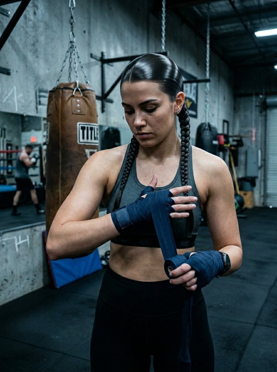 A woman with braided hair wearing a dark sports bra wrapping her hands in blue boxing tape in a fitness studio.