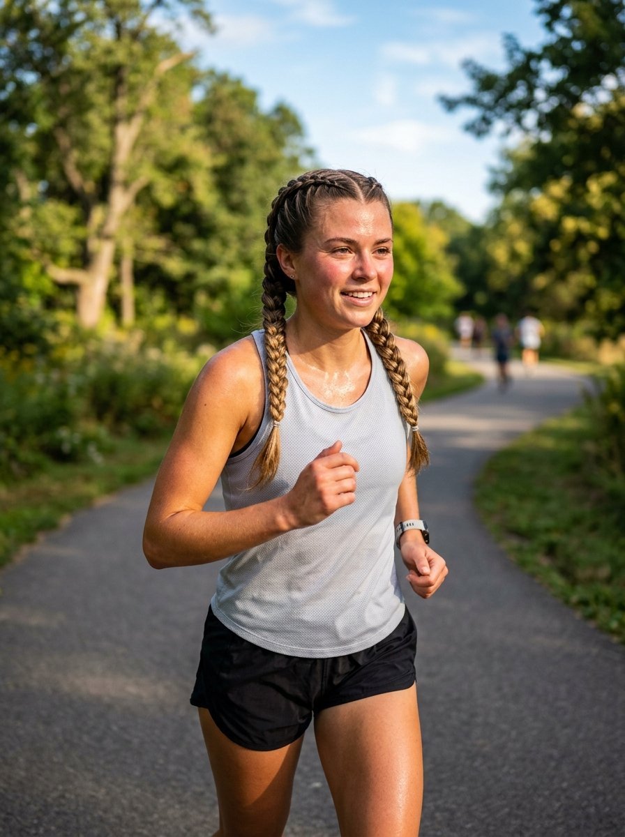 Close up of a sweaty athlete with braided hair running outdoors wearing a grey tank top and black athletic shorts.