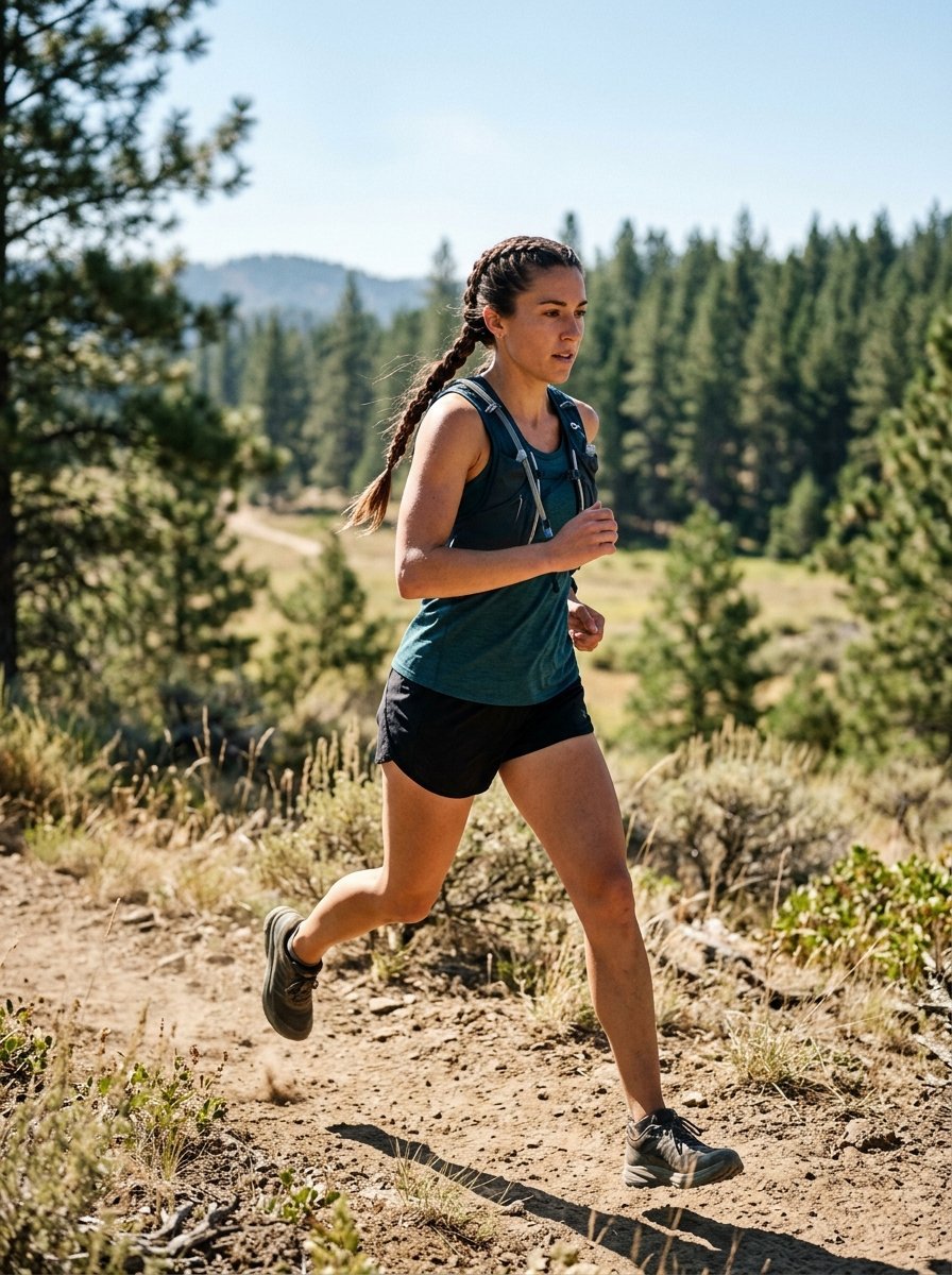 Woman with braided hair in a hydration vest running on a dirt path with pine trees in the background.