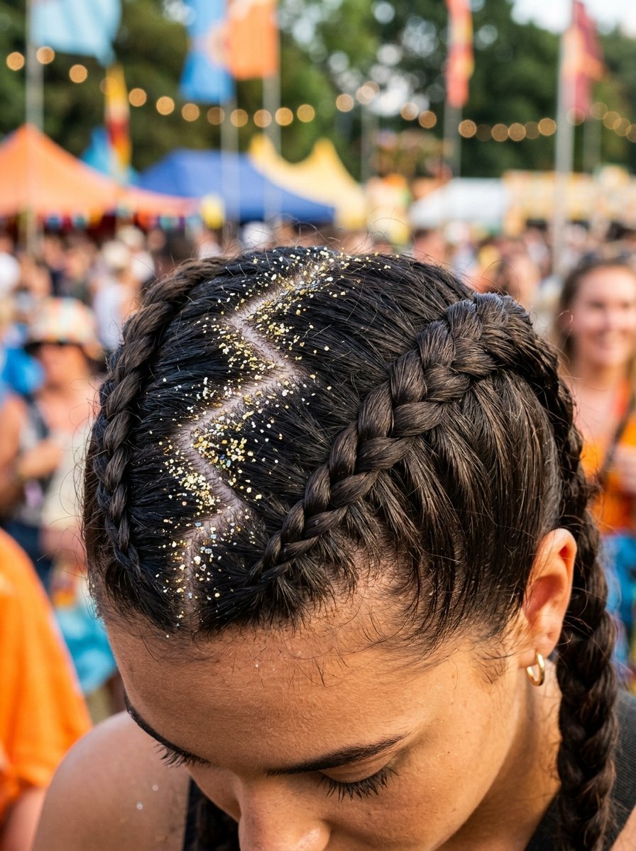 Close up of dark hair styled in two cornrows with gold sparkles applied to the zigzag center part at an outdoor event.