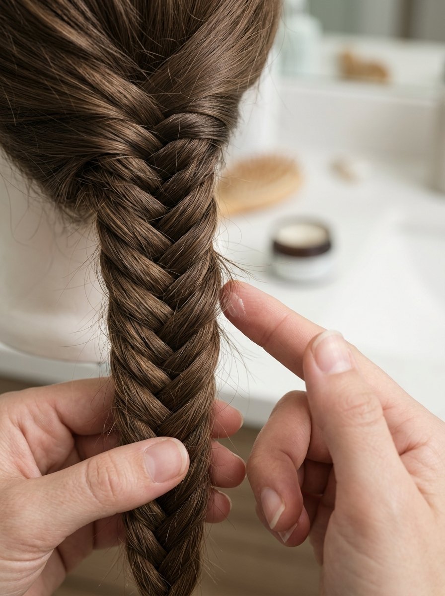 Close-up of hands smoothing serum onto a woven brown fishtail braid against a vanity background.