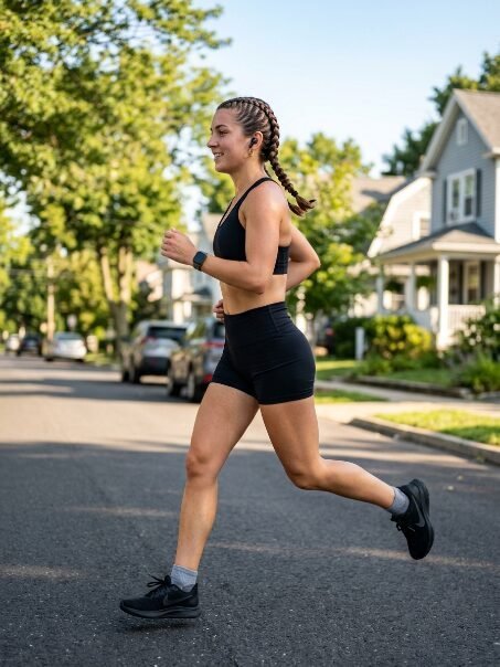Athletic female runner with braids wearing black activewear jogging down a residential suburban road.