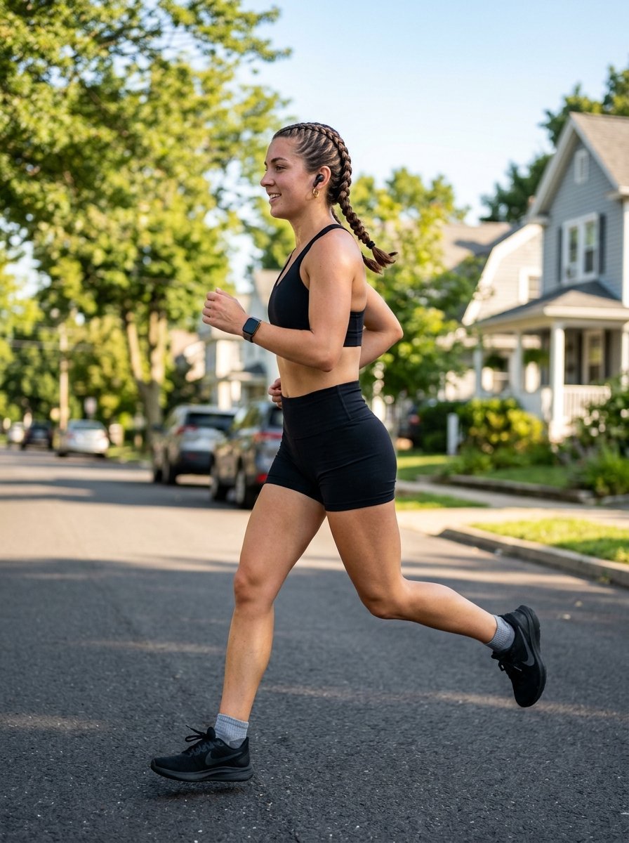 Side profile of a woman with braided hair running on a paved residential street in black athletic workout gear.