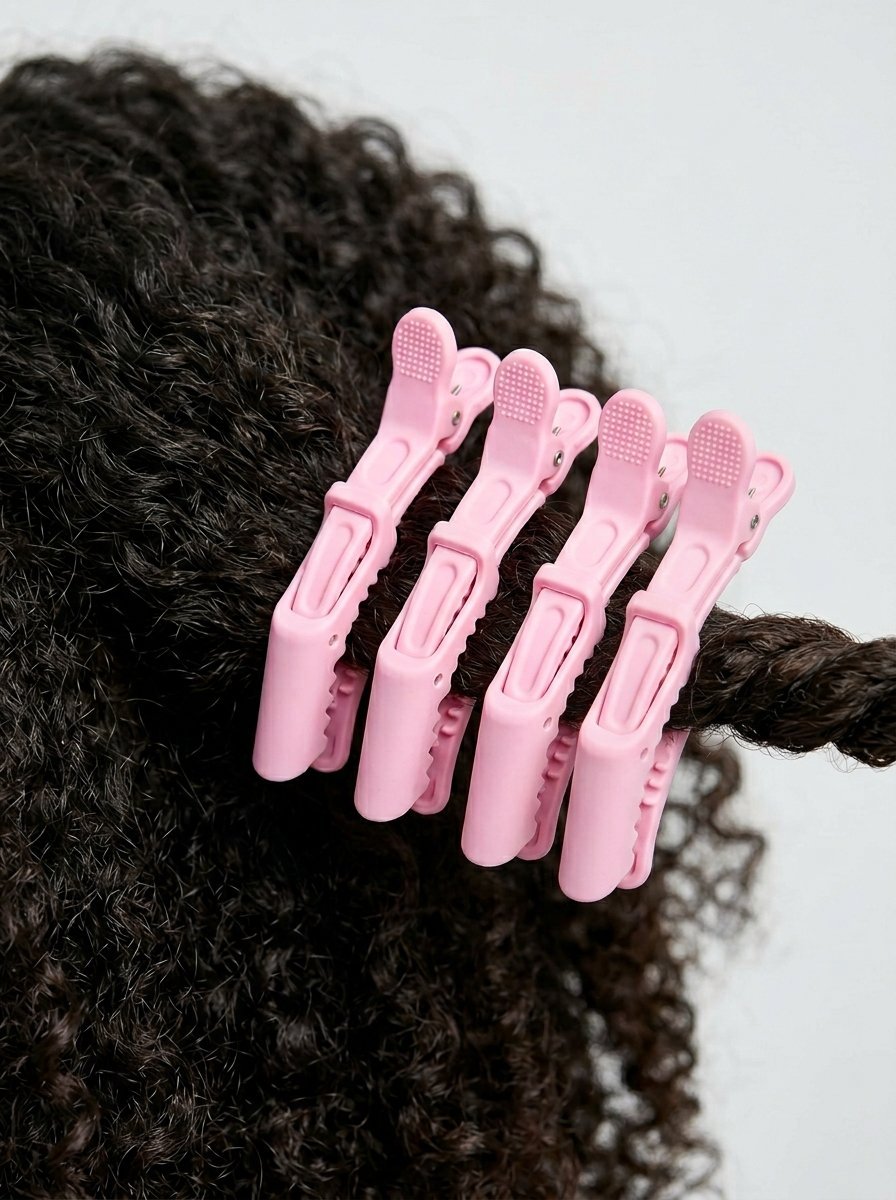 Close-up of four pink plastic hair clips sectioning thick, curly dark hair against a white background.