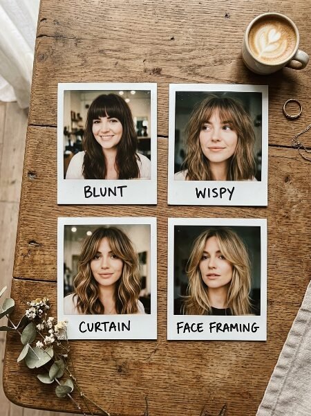 Four printed polaroids on a wood table displaying blunt, wispy, curtain, and face framing bang styles.