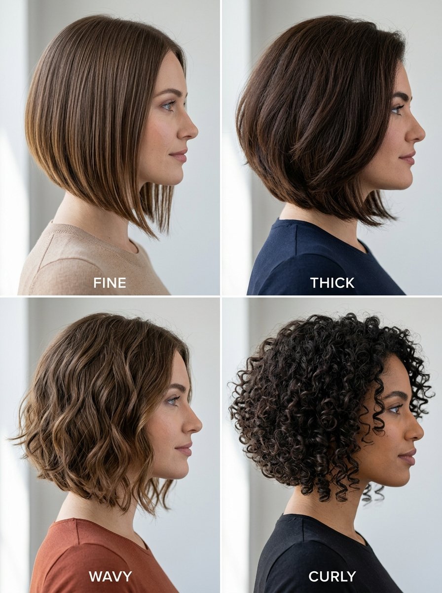 Side profiles of four women demonstrating various hair textures labeled fine, thick, wavy, and curly.