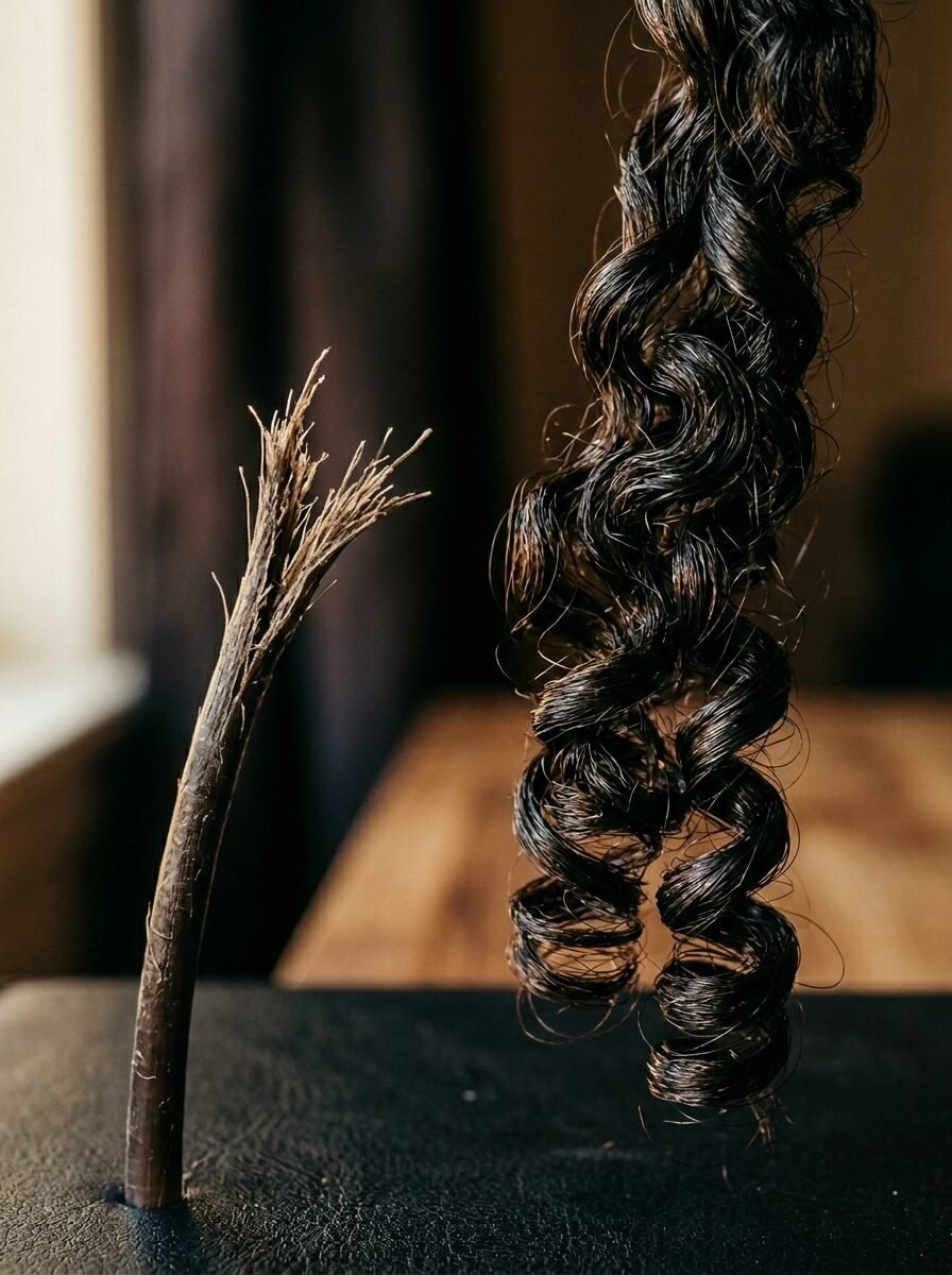 A close-up shot showing a dry broken hair tip beside a smooth, shiny, spiraled dark lock.