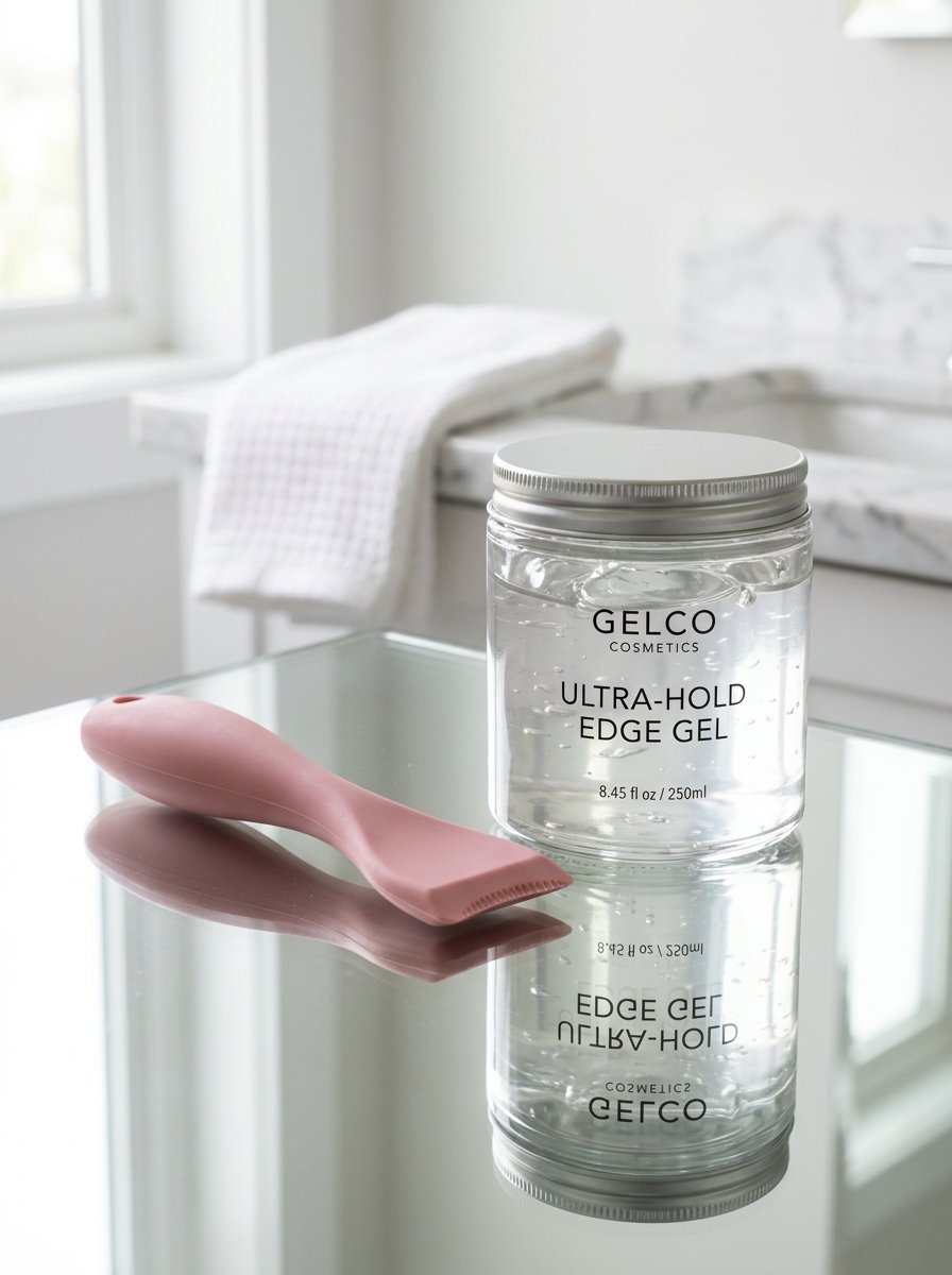 Transparent jar of Gelco edge control hair gel sitting on a reflective surface next to a small pink edge styling brush.