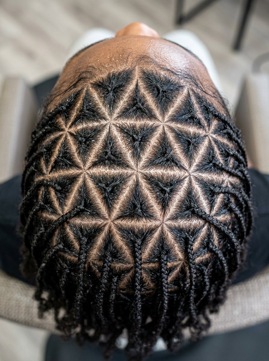 Top down view of a dark haired man with complex triangular braided patterns and cornrows.