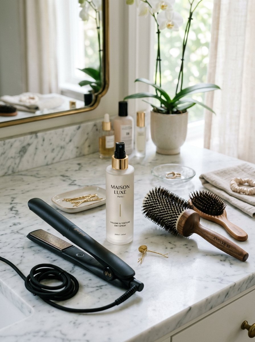 Hair styling tools including a black hair straightener and round brushes arranged on a marble bathroom vanity.