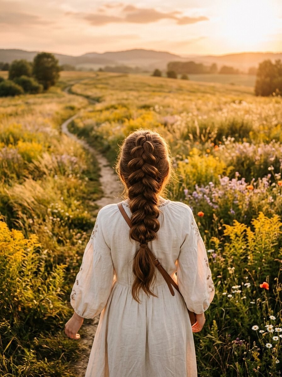 Back view of a girl in a white linen dress walking along a dirt path in a flower field during sunset.