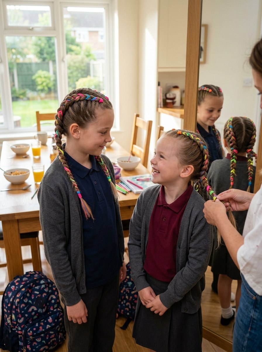 Two young girls in school uniforms with colorful braided hair styles in a kitchen