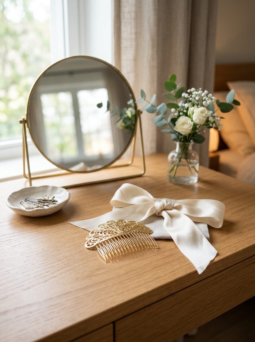A gold filigree hair comb and a cream silk ribbon sit on a wooden dressing table beside a round mirror and flowers.