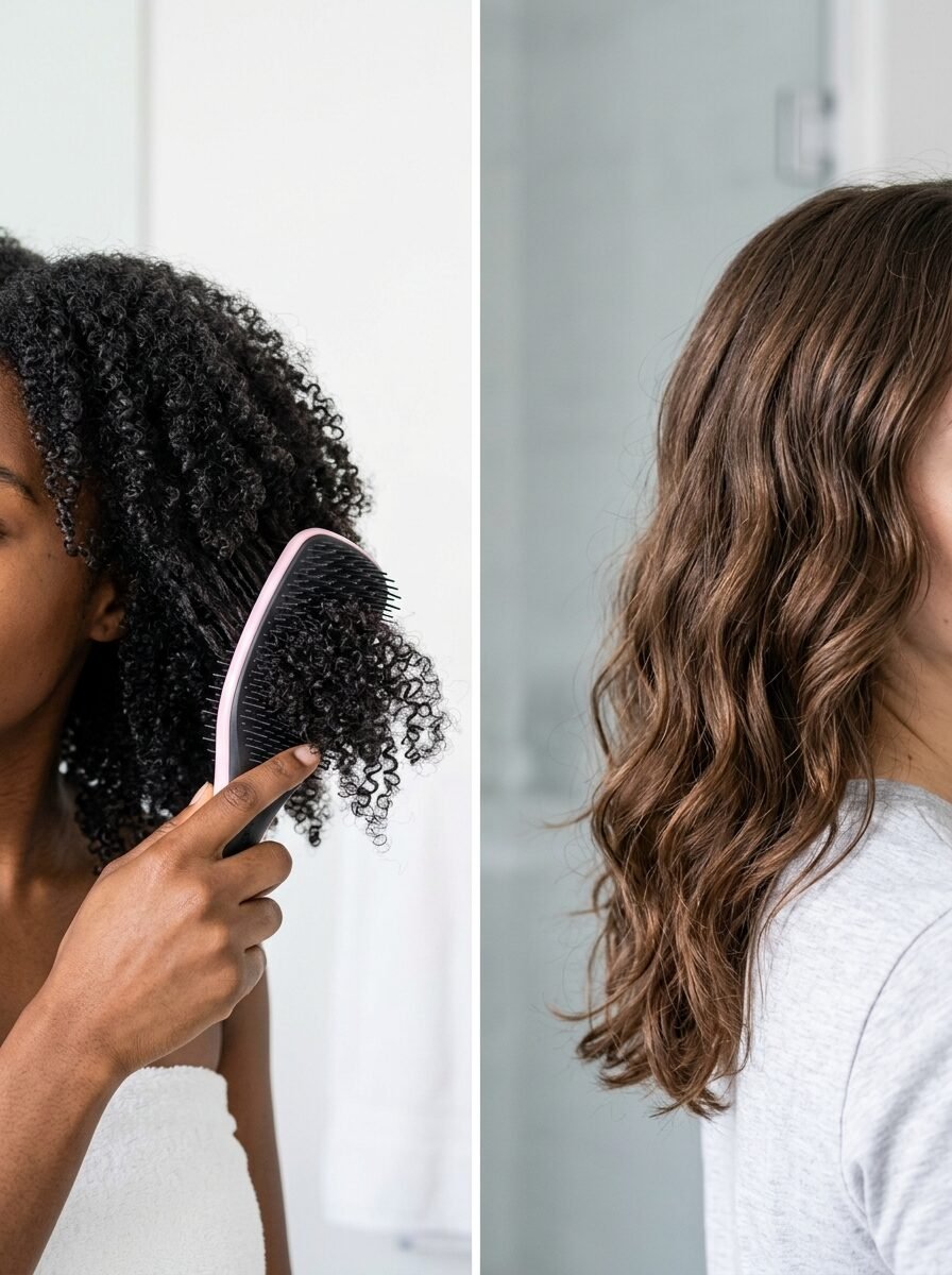 Split screen showing a woman brushing tight black curls and another styling loose brown waves.