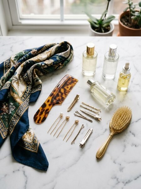 A tortoise shell comb, gold hair clips, pearl pins, and glass perfume bottles arranged on a white marble surface.