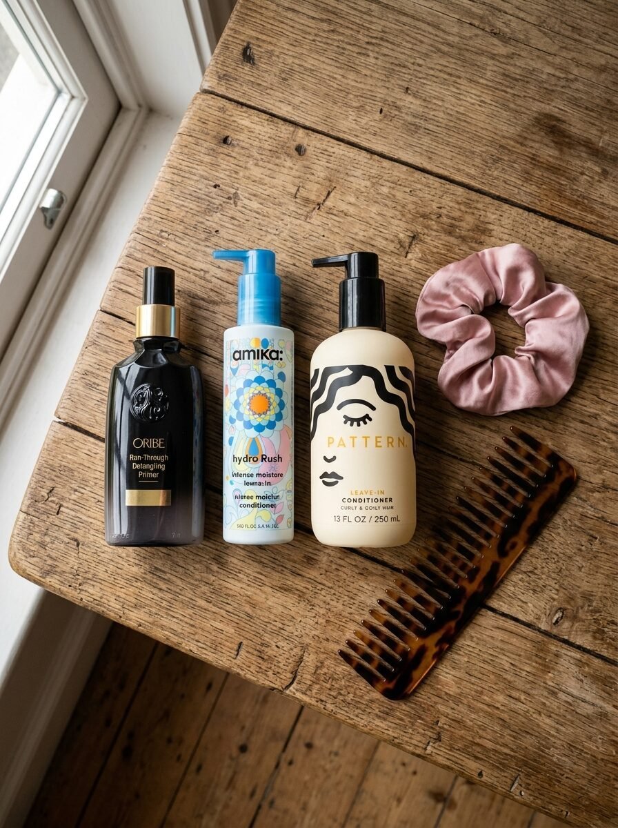 Three bottles of hair conditioner and primer next to a pink silk scrunchie and a tortoiseshell wide-tooth comb.