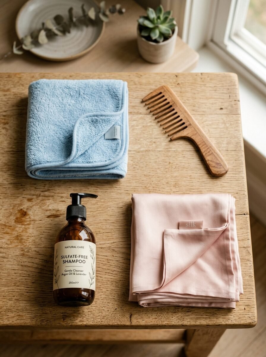 A light blue towel, wooden comb, sulfate-free shampoo bottle, and folded pink silk cloth on a wood surface.