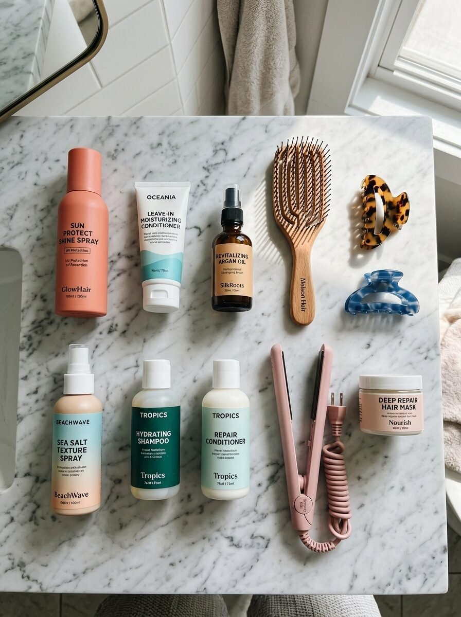 Collection of hair styling products, a wooden brush, hair clips, and a pink flat iron on a white marble bathroom vanity.