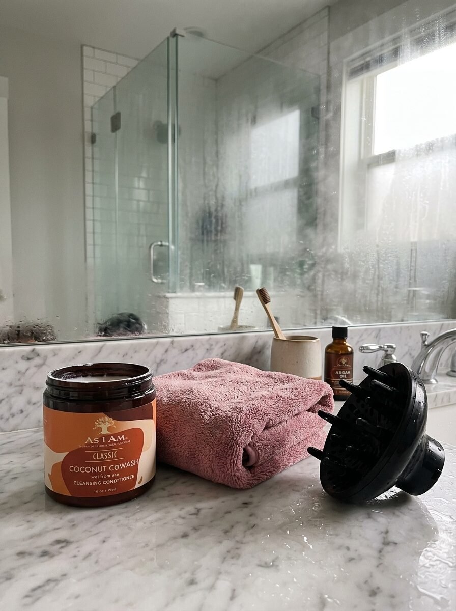 Jar of As I Am cleansing conditioner, folded pink towel, and hair diffuser on a wet marble bathroom counter.