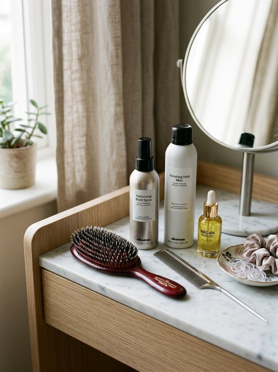 Hair styling tools and sprays sitting on a white marble table next to a round mirror.