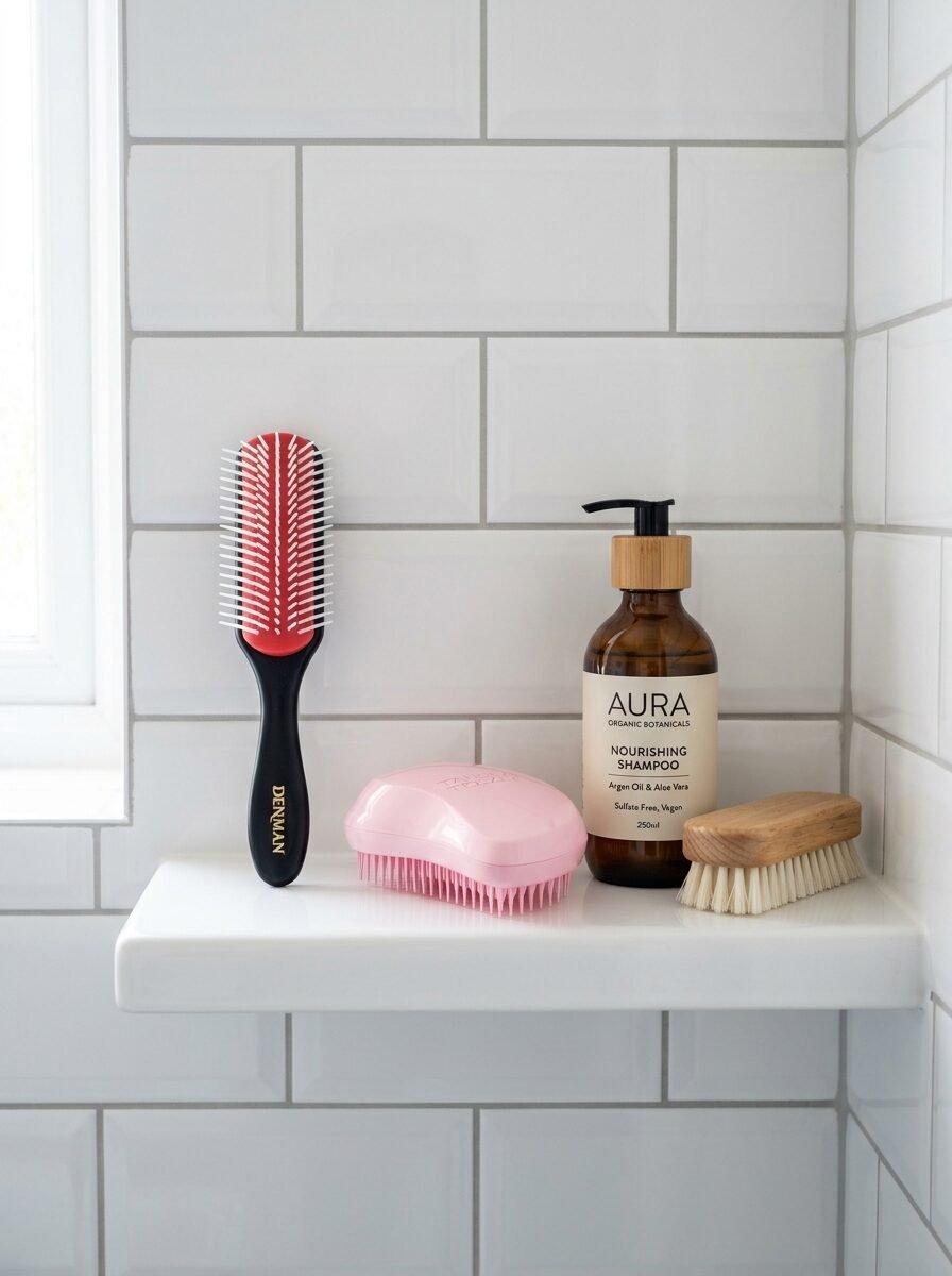 A Denman brush, pink detangler, Aura shampoo bottle, and wooden scrub brush on a white tiled shower ledge.