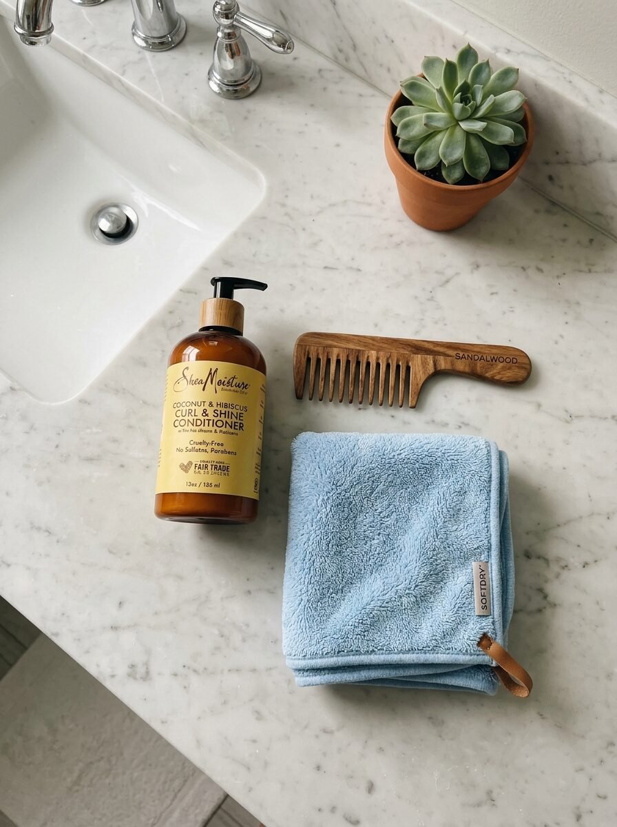 Top-down view of hair products, a wooden comb, and a blue microfiber towel sitting on a white marble countertop.