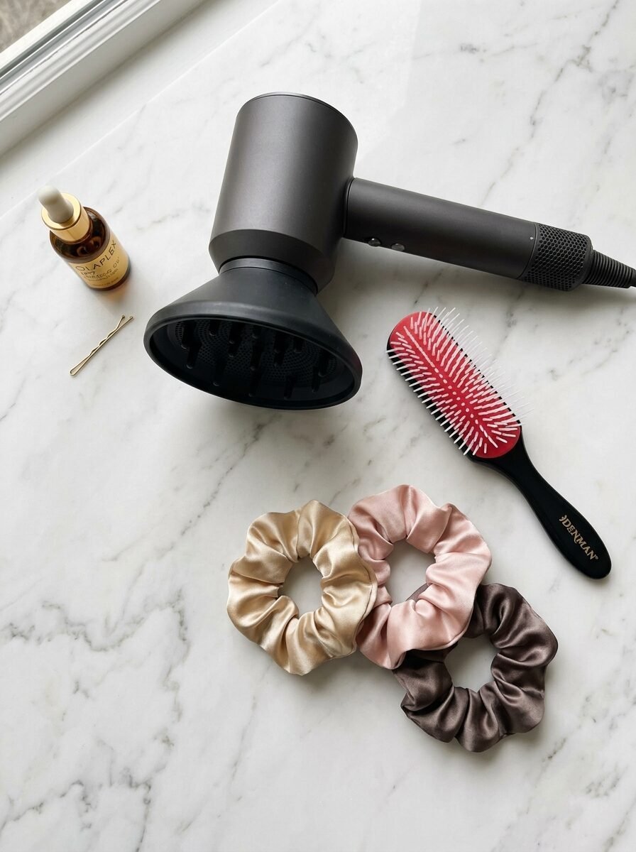 A professional hair dryer, red brush, three silk scrunchies, and a bottle of hair oil on a white marble countertop.